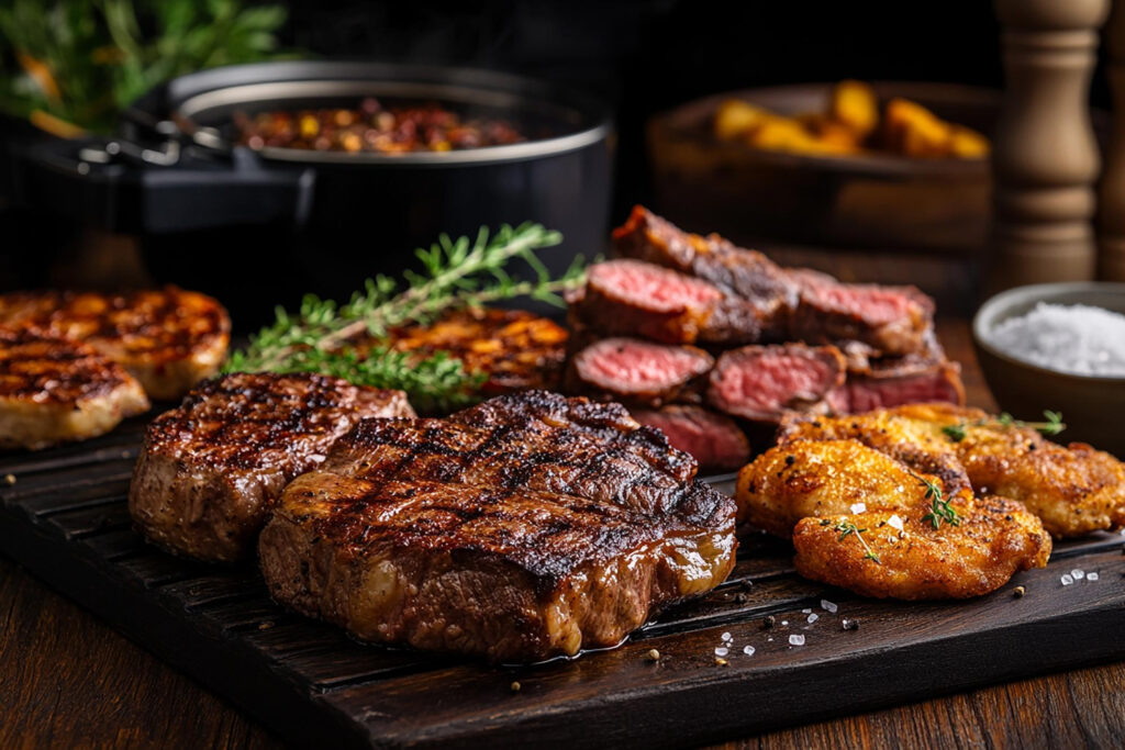 Grilled steaks and chicken with fresh herbs and seasonings on a wooden board.