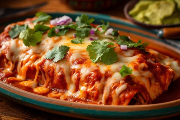 Cheesy enchiladas topped with cilantro and onions.
