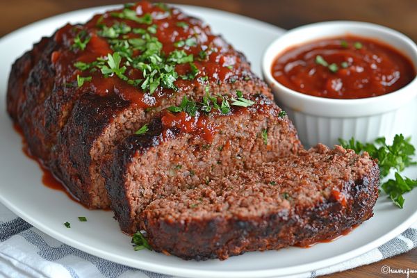 Sliced meatloaf with ketchup and fresh parsley.