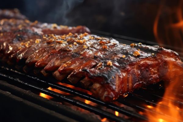 BBQ ribs sizzling on the grill with a smoky flame.