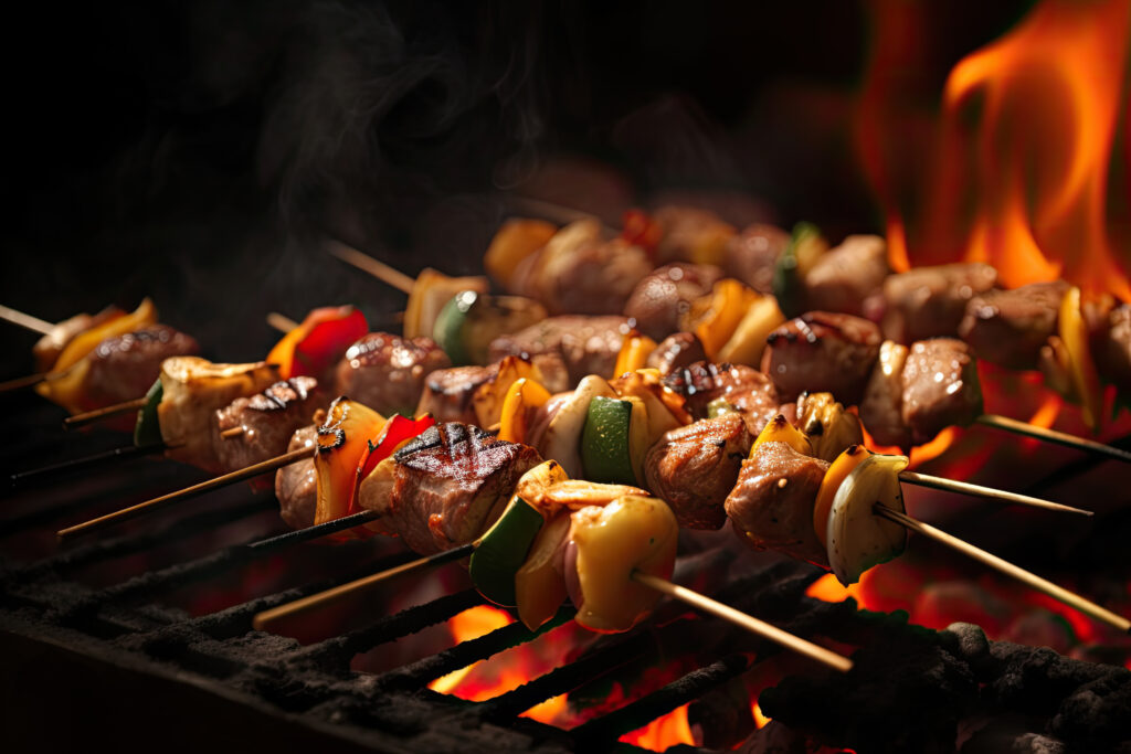 Barbecue skewers meat kebabs with vegetables on flaming grill. Ai generative